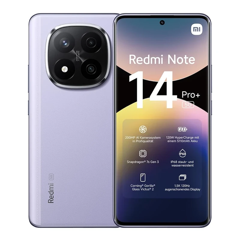 Xiaomi Redmi Note 14 Pro+ 5G smartphone, 8+256GB, purple, 200MP pro-grade AI camera, IP68, 120W HyperCharge, AI features (no charger included), 2 year Warranty