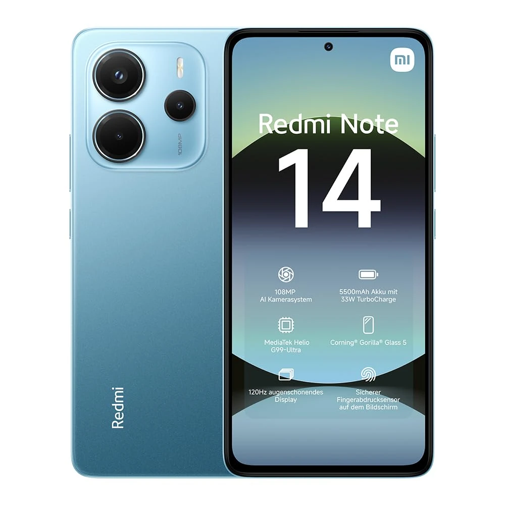 Xiaomi Redmi Note 14 smartphone, 6+128GB, blue, 108MP AI camera system, 5500mAh battery, 120Hz eye-care display, AI features (no charger included), 2 year Warranty