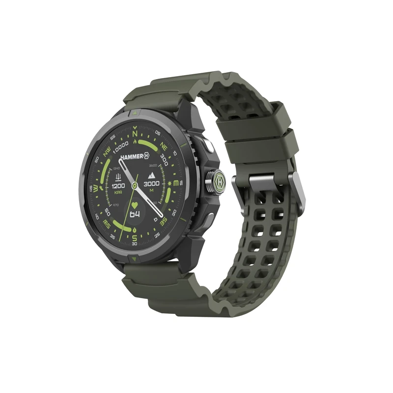 Hammer Watch 2 Military Edition, GPS, AMOLED Gorilla Glass 1.5-inch screen, large 530mAh battery with up to 15 days of operation on a single charge, 5 ATM water resistance, SOS button, LED flashlight