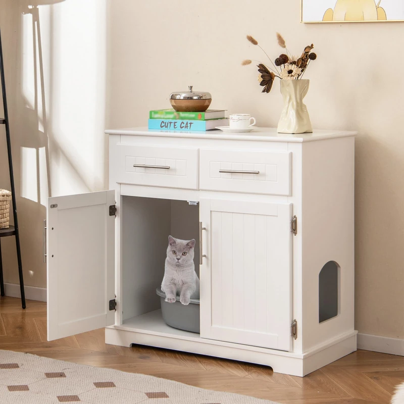 GYMAX Cat Litter Box Enclosure, Wooden Pet Cabinet Furniture