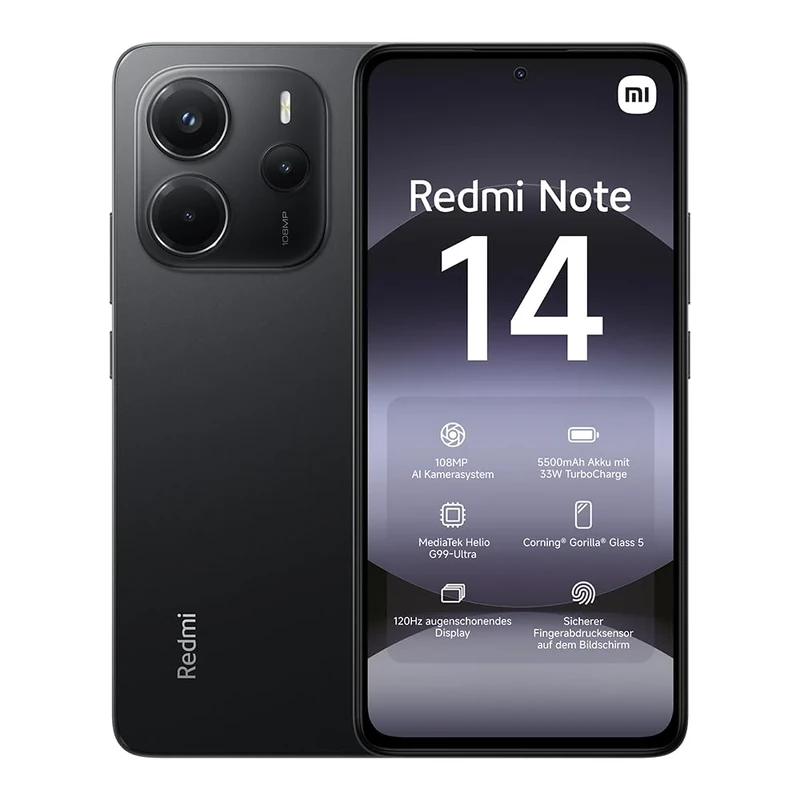Xiaomi Redmi Note 14 smartphone, 8+256GB, black, 108MP AI camera system, 5500mAh battery, 120Hz eye-care display, AI features (no charger included), 2 year Warranty