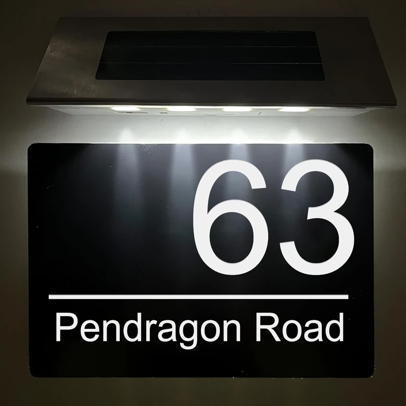 Solar House Number | Door Number Plaques for Wall | House Numbers Plaques with Solar Light | Composite Aluminium Black House Sign Door Sign | 195mm X 130mm(Design 2, Solar House Number)