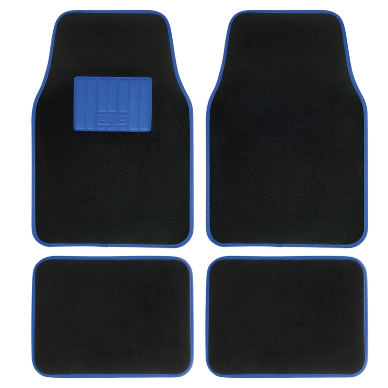 Universal Car Mats Rubber Tread Blue Trim Anti Slip Washable Front 45x65cm Rear 44x33cm