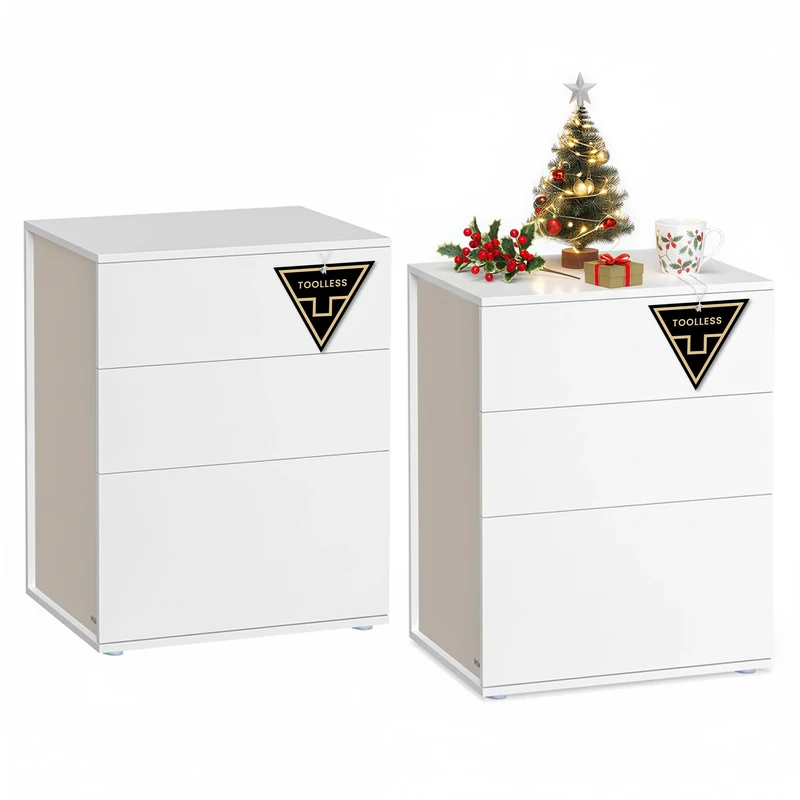 VASAGLE 2 Set Bedside Tables with 3 Drawers, Superfast Toolless Assembly, Bed Side Cabinet Nightstand, White Chest Of Drawers for Bedroom/Living Room, LET779W01