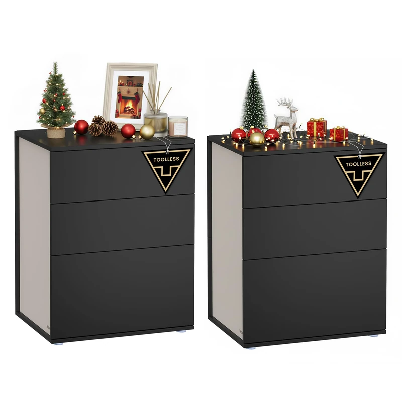 VASAGLE 2 Set Bedside Tables with 3 Drawers, Superfast Toolless Assembly, Bed Side Cabinet Nightstand, Black Chest Of Drawers for Bedroom/Living Room, LET779B01