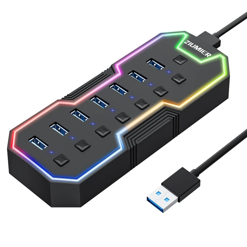 ZIUMIER USB Hub 3.0,7 Ports USB Expander with RGB LED Strip for MacBook, Mac Pro, Mac Mini, iMac, Surface Pro, XPS, PC, Flash Drive, Mobile HDD