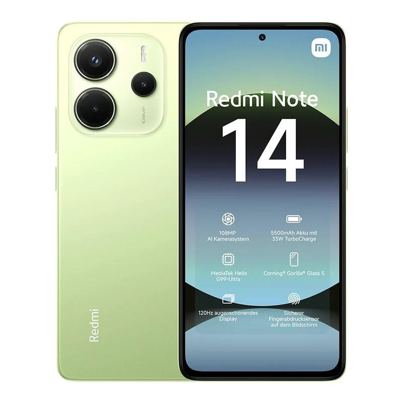 Xiaomi Redmi Note 14 smartphone, 6+128GB, green, 108MP AI camera system, 5500mAh battery, 120Hz eye-care display, AI features (no charger included), 2 year Warranty