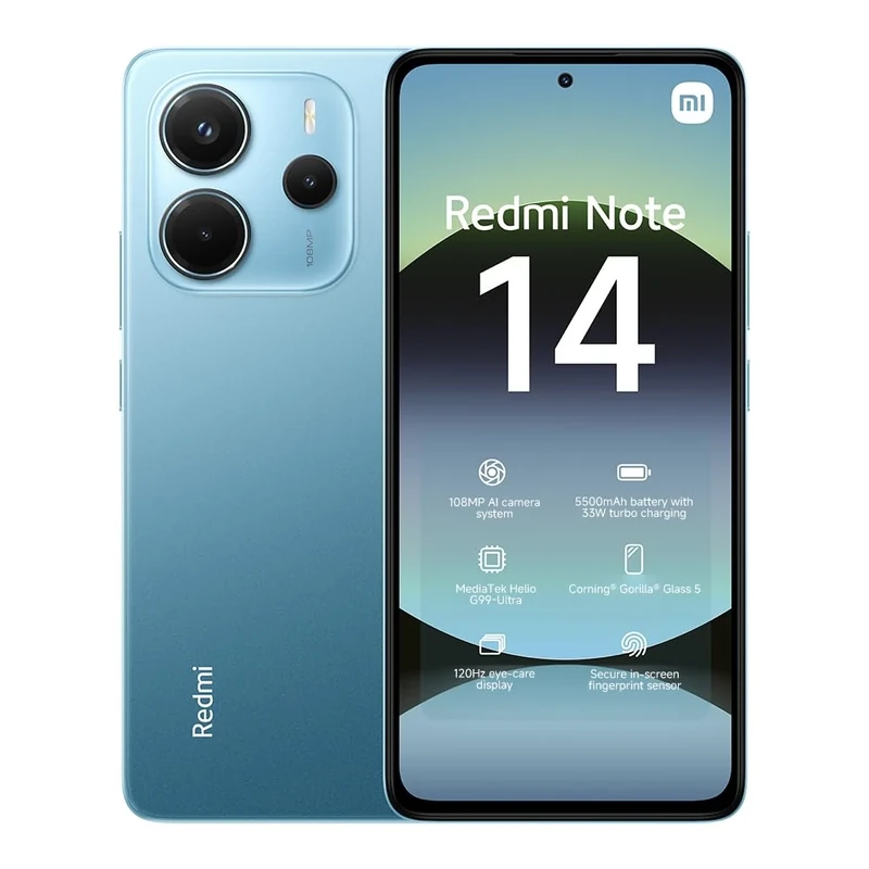 Xiaomi Redmi Note 14 smartphone, 6+128GB, blue, 108MP AI camera system, 5500mAh battery, 120Hz eye-care display, AI features (charger not included)