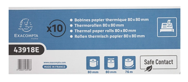 Exacompta - Ref. 43918E - Box of 30 reels for Receipts - Width 80 mm x Diameter 80 mm - Mandrel 12 mm - Safe Contact Long Shelf Life Without Phenol - Footage (+/-2m): 76m
