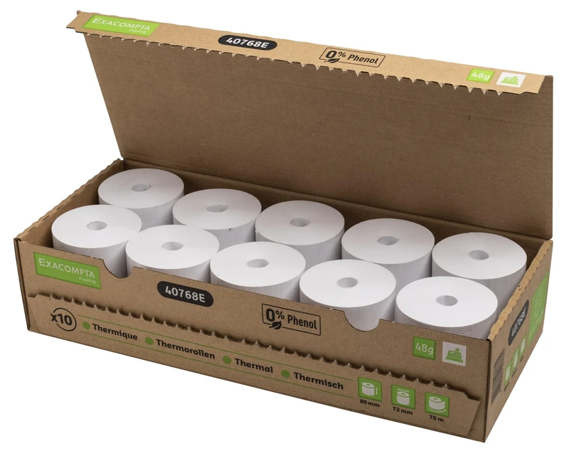 Exacompta - Ref 40768E - Box of 30 Thermal reels for Receipts - Width 80 mm x Diameter 72 mm, 1 Thermal ply 48 g/m² Phenol Free, Zero Plastic Waste - Meter +/-2m: 76m