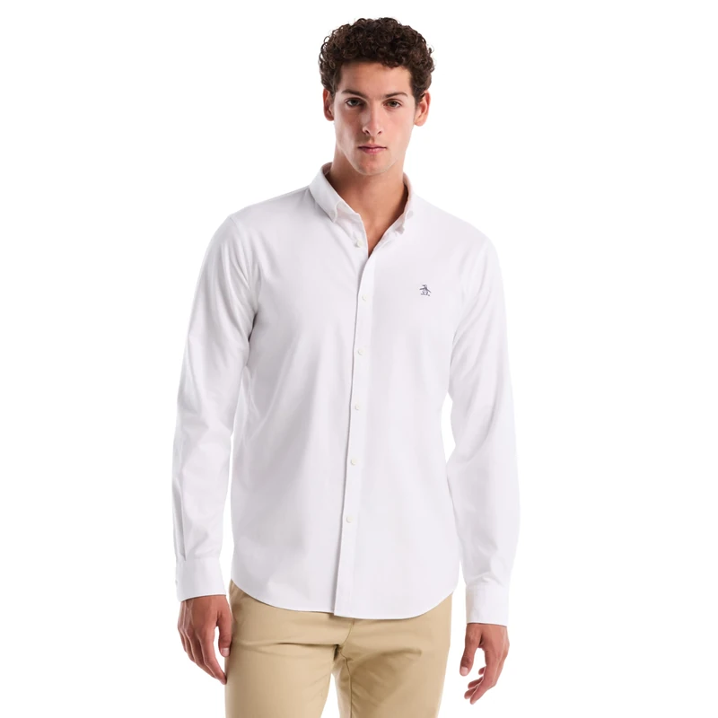 Original Penguin Men's EcoVero™ Oxford Stretch Shirt Long Sleeve 100% Cotton - Bright White