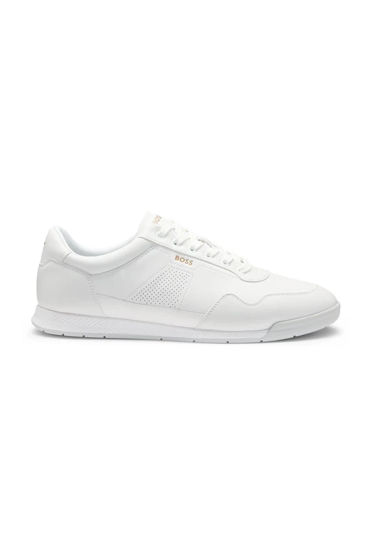BOSS Men's Nitan ltpf Nappa Leather Trainers with Gold Branding Size, White, 11 UK