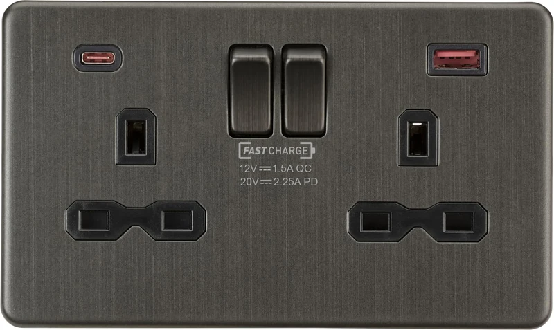 Knightsbridge 13A 2G DP Switched Socket with Dual USB A+C (20V DC 2.25A) Max. 45W - Smoked Bronze