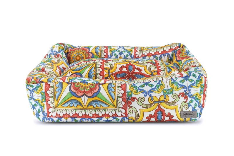 Record - Sicilia Dog Bed with Mosaic Pattern Design in Sicilian Cart Style, Soft Fabrics and Soft Filling for Optimal Comfort | L - 80 x 55 x 24 cm