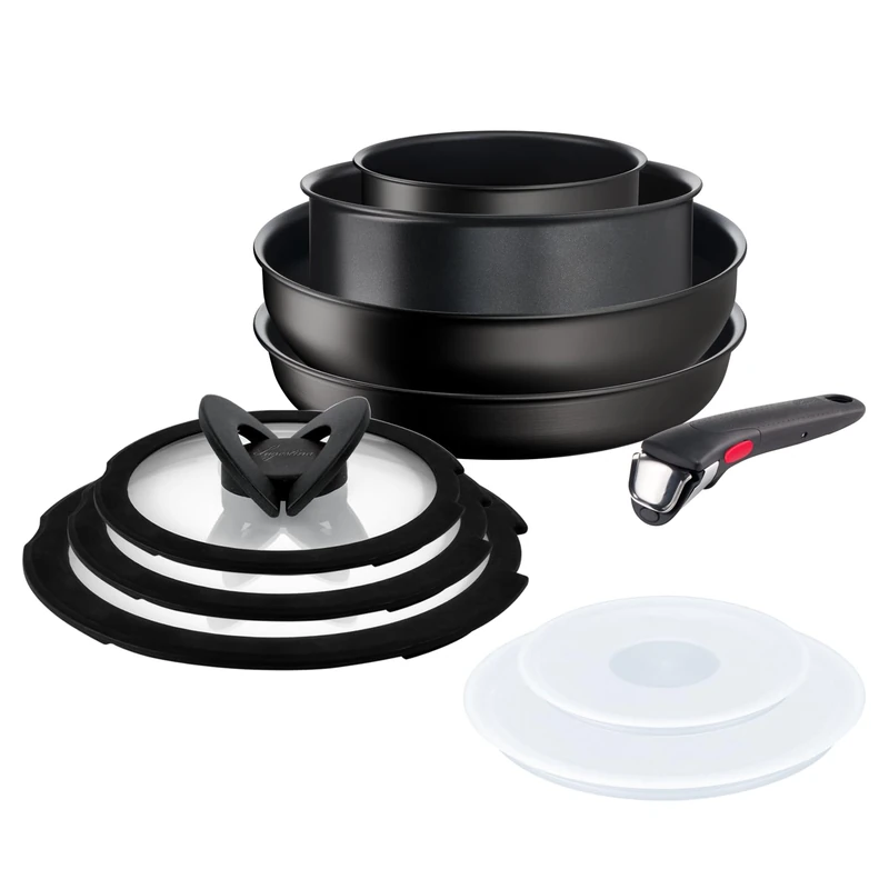Lagostina Ingenio Intensive Pro Set of 10, 4 Pot Bodies, 3 Glass Lids, 2 Plastic Lids and Removable Handle, Titanium Coating, for All Heat Sources Including Induction