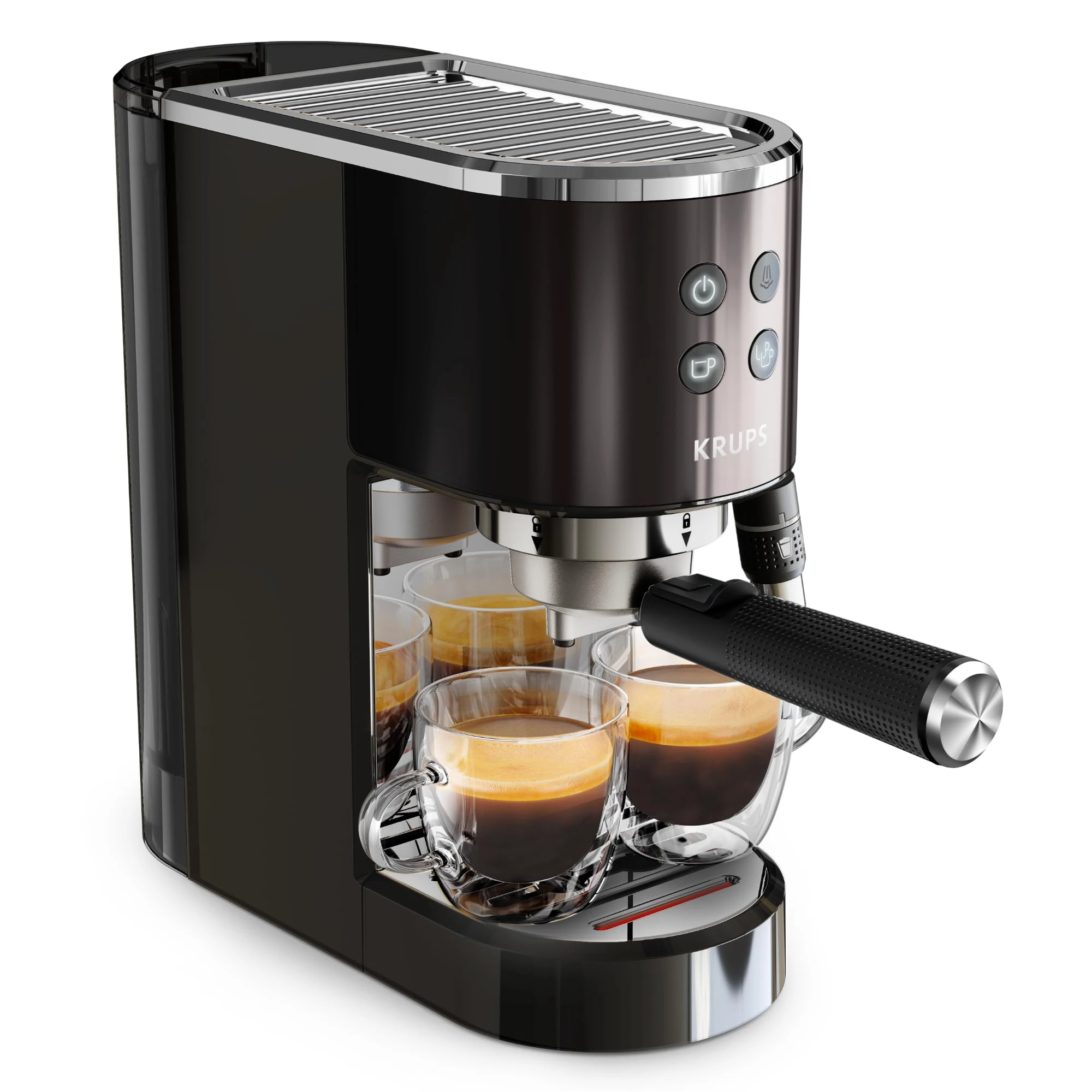 Krups Virtuoso+ Pump Espresso Machine – Compact Black Stainless-Steel Design, 15-Bar Pump for Rich Extraction, Auto Flow-Stop, 4-Button Interface & Steam Nozzle for Espresso & Cappuccino - XP444GG0
