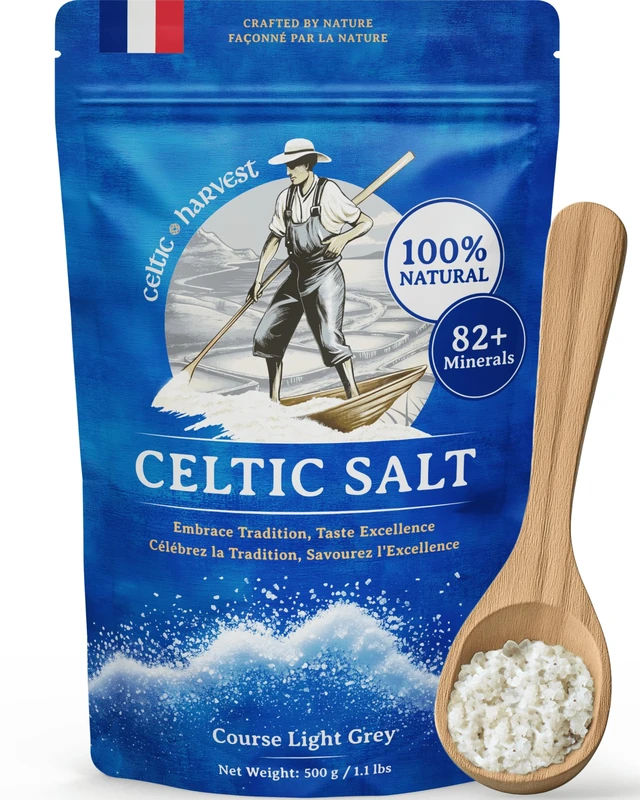 Celtic Harvest Celtic Sea Salt - 500g | 100% Unrefined Celtic Sea Salt | Abundant in 82+ Essential Minerals & Nutrients | Hand-Harvested Light Grey Salt Crystals from France