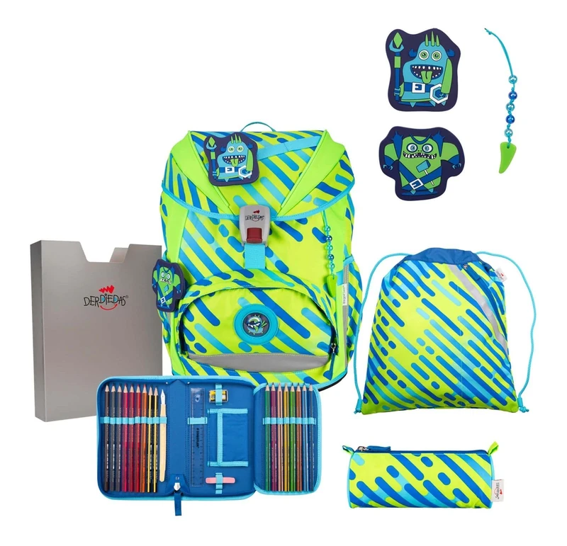 DerDieDas ErgoFlex Neon Monster School Bag Set of 5, Neon Monster, ErgoFlex Neon Set