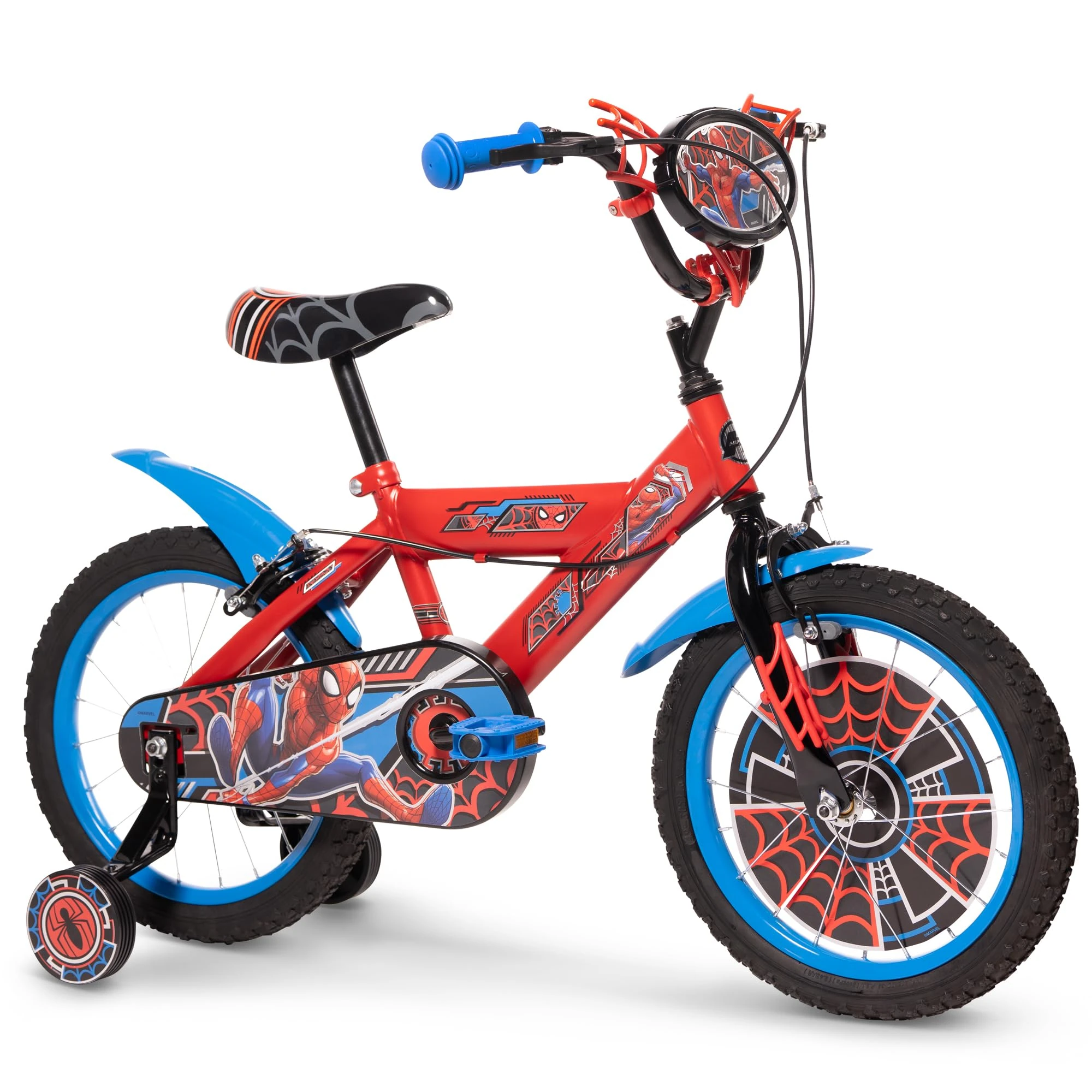 Huffy Spiderman 16 Inch Boys Bike - 5-7 Years - Maverl Spiderman Web Feature Handlebars, Removeable Stabilisers and Chainguard - Red