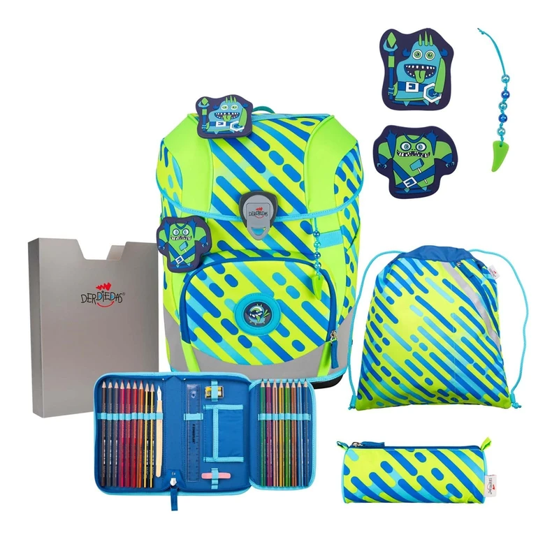 DerDieDas ErgoFlex Tiny Neon Monster School Bag Set of 5, Green-Blue, ErgoFlex Tiny Neon Set