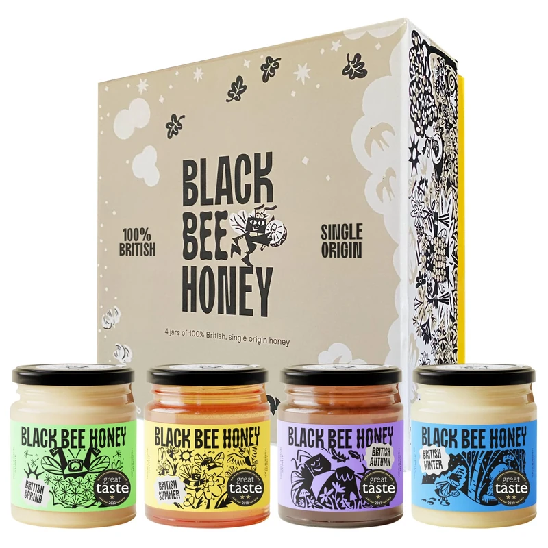 Black Bee Honey Gift Set - x4 227g British Honey Pack, Creamy Light Spring, Runny Floral Summer, Bold Aromatic Autumn and Herbal Winter, Delicious Gifts for her and him