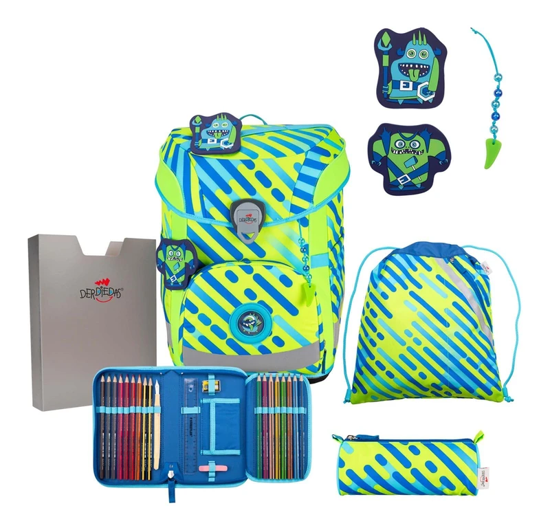 DerDieDas ErgoFlex Easy Neon Monster School Bag Set of 5, Neon Monster, ErgoFlex Easy Neon Set
