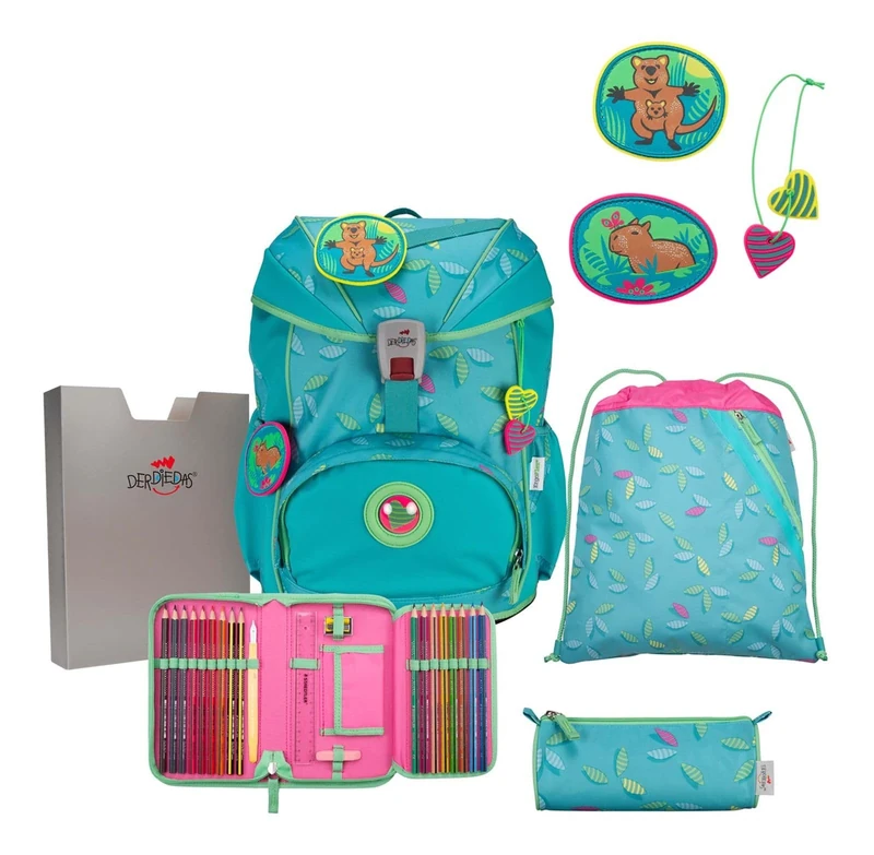 DerDieDas ErgoFlex Superflash Paradise School Bag 5-Piece Set, Turquoise, ErgoFlex Superflash Set