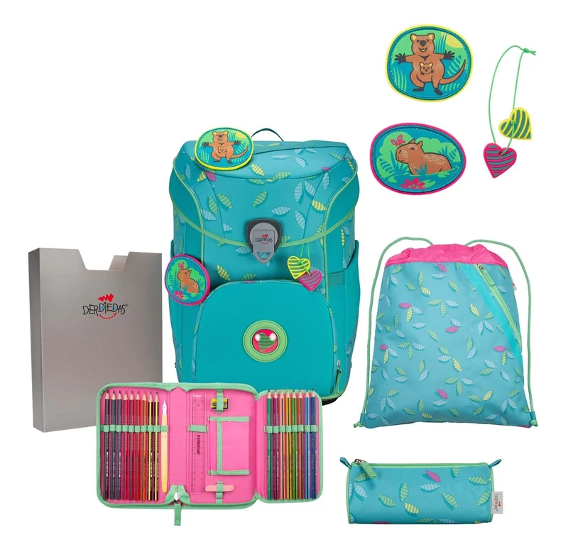 DerDieDas ErgoFlex Easy Superflash Paradise School Bag 5-Piece Set, Turquoise, ErgoFlex Easy Superflash Set