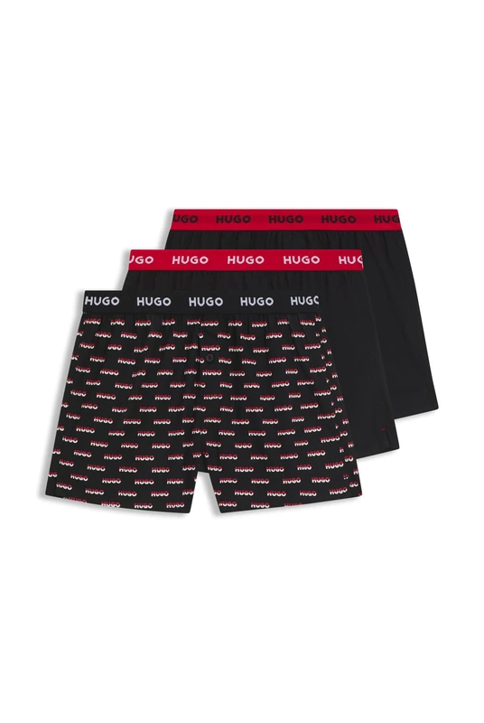 HUGO Mens Woven Boxer Triplet Three-Pack of Cotton Boxer Shorts with Logo waistbands