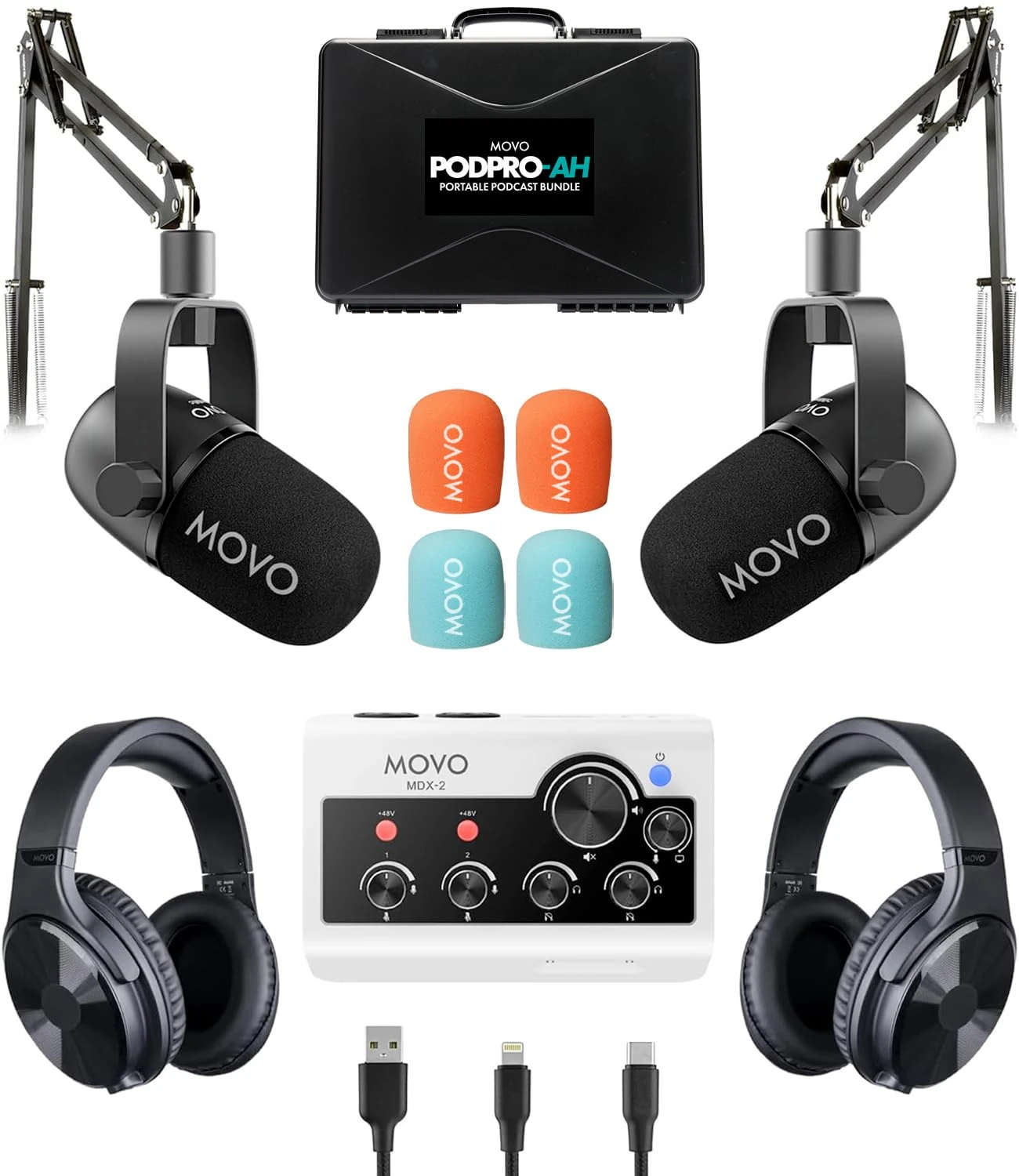 Movo Portable Podcast Equipment Bundle for iPhone/Android Phones- Podcast Kit with Audio Interface, 2 CastMic Dynamic Mics, 2 Headphones, 2 Boom Arms - for Smartphones, Computers, PC and Mac