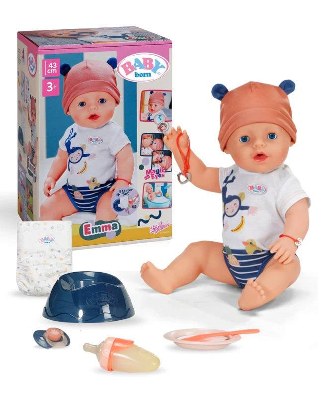 BABY born Emma in jungle style - 43 cm tall baby doll - 10 functions incl. accessories & romper in unisex colours - Functions without batteries - Suitable for children from 3 years of age