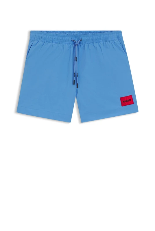HUGO Mens Dominica Recycled-Material Swim Shorts with red Logo Label