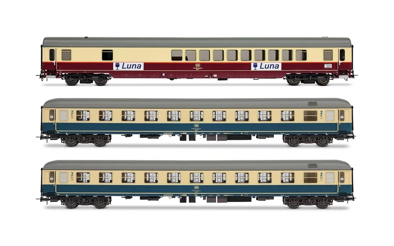 Hornby Rivarossi HR4349 DB, 3-unit pack night train Luna, bar coach WGmh 854 in red-beige livery + 2 x Bcm 246 in ocean-blue livery, ep. IV Passenger Coaches