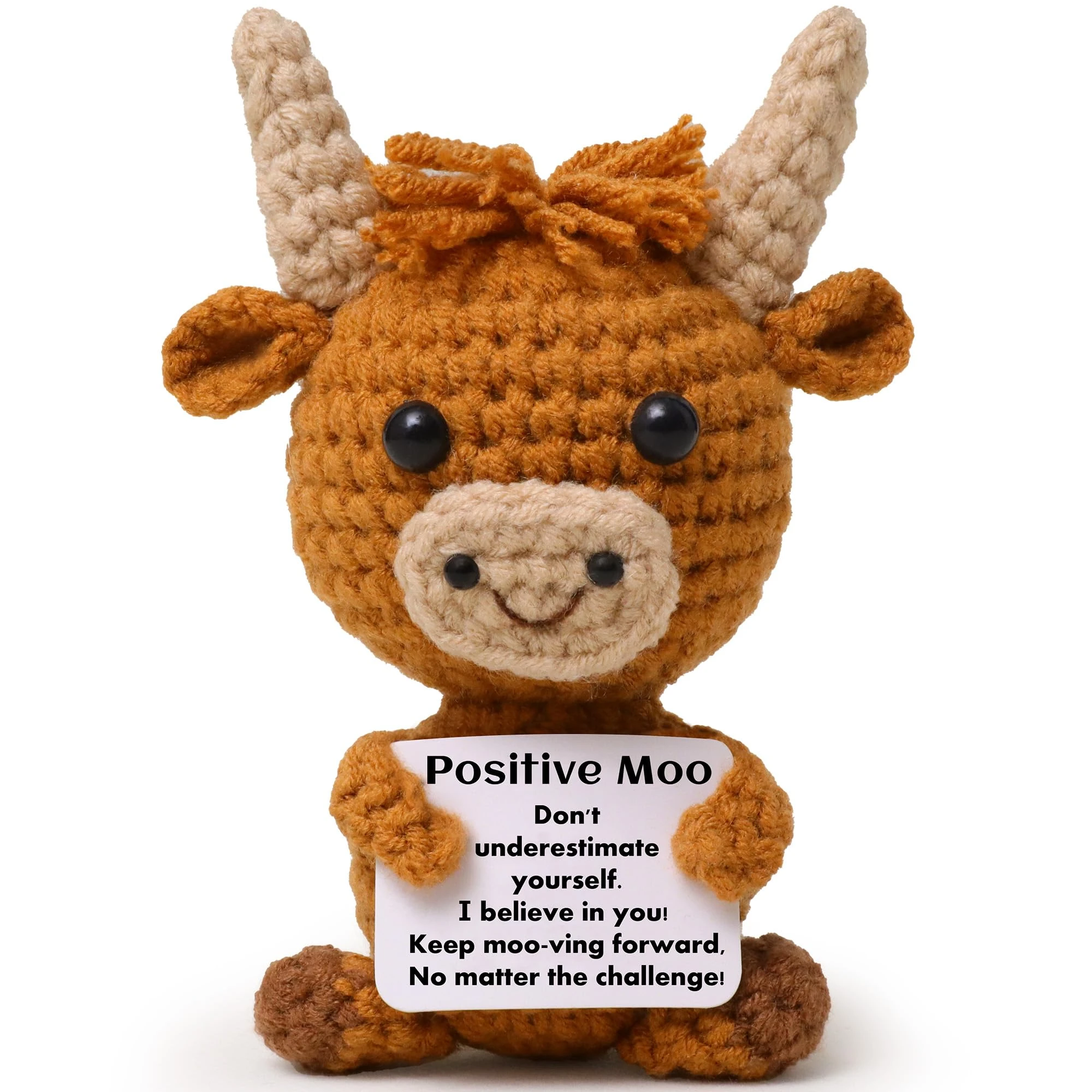 Mini Funny Positive Highland Cow, Knitted Wool Cow Toy with Positive Card - Creative Cute Crochet Doll Emotional Support Cheer Up Keepsake Gift for Friends, Women, Student, Christmas