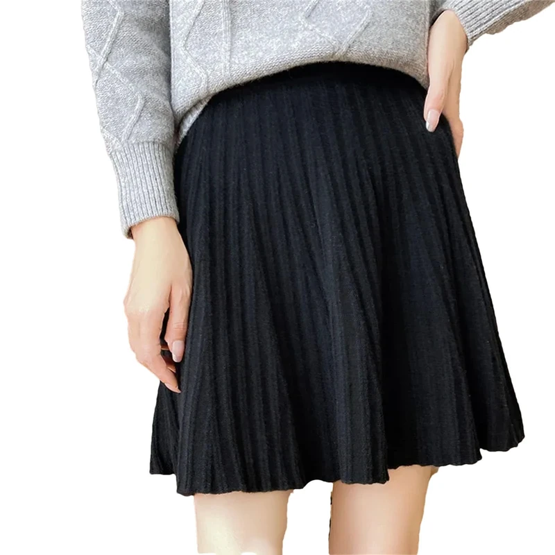 Hgvcfcv Womens Wool Knitted Skirt Pleated Short Skirt Mini Pencil Bodycon Skirt Black