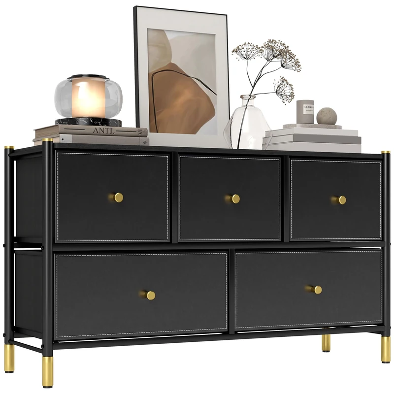 HOMCOM Chest of Drawers, 5 Drawer Fabric Dresser with PU Leather Surface, Steel Frame, Storage Organizer Unit for Bedroom, Living Room, Hallway, Closet, Easy to Assemble, Black