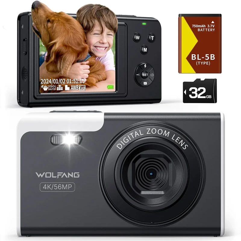 WOLFANG Digital Camera, 4K Kids Camera for Photography, 56MP Compact Vlogging, 16X Digital Zoom, Auto Focus Point and Shoot Digital Cameras, Gift for Students Teens