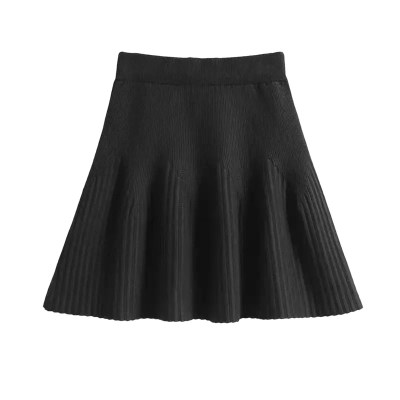 Women Knitted Skirt Wool Solid Skirt Bottoming Short Flowy Mini Skirt Black
