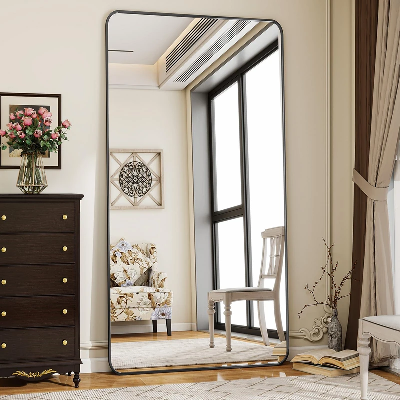 Koonmi Floor Mirror with Rounded Corners 76 x 171 cm Stand Included for Bedroom Living Room Black