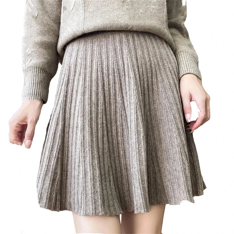 Hgvcfcv Womens Wool Knitted Skirt Pleated Short Skirt Mini Pencil Bodycon Skirt Gray