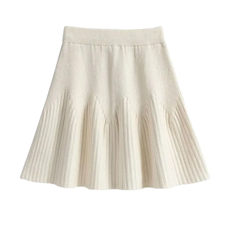 Women Knitted Skirt Wool Solid Skirt Bottoming Short Flowy Mini Skirt White