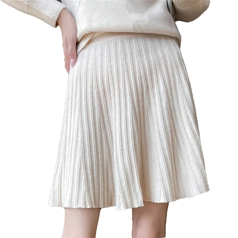 Hgvcfcv Womens Wool Knitted Skirt Pleated Short Skirt Mini Pencil Bodycon Skirt Beige