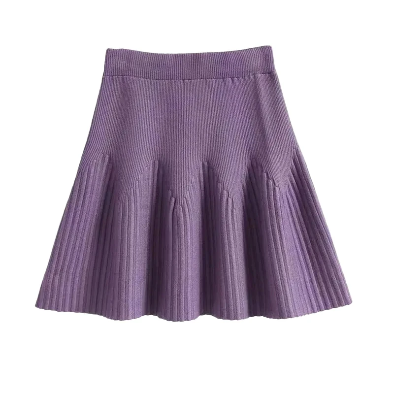 Women Knitted Skirt Wool Solid Skirt Bottoming Short Flowy Mini Skirt Purple