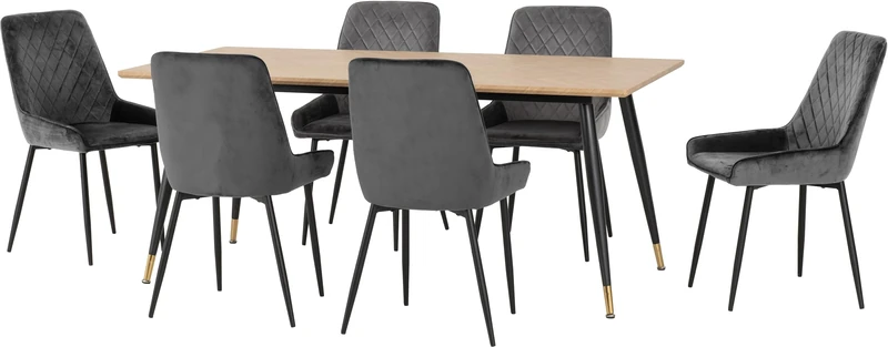 Seconique Hamilton Large Dining Set with Avery Chairs in Medium Oak Effect/Black/Grey Velvet