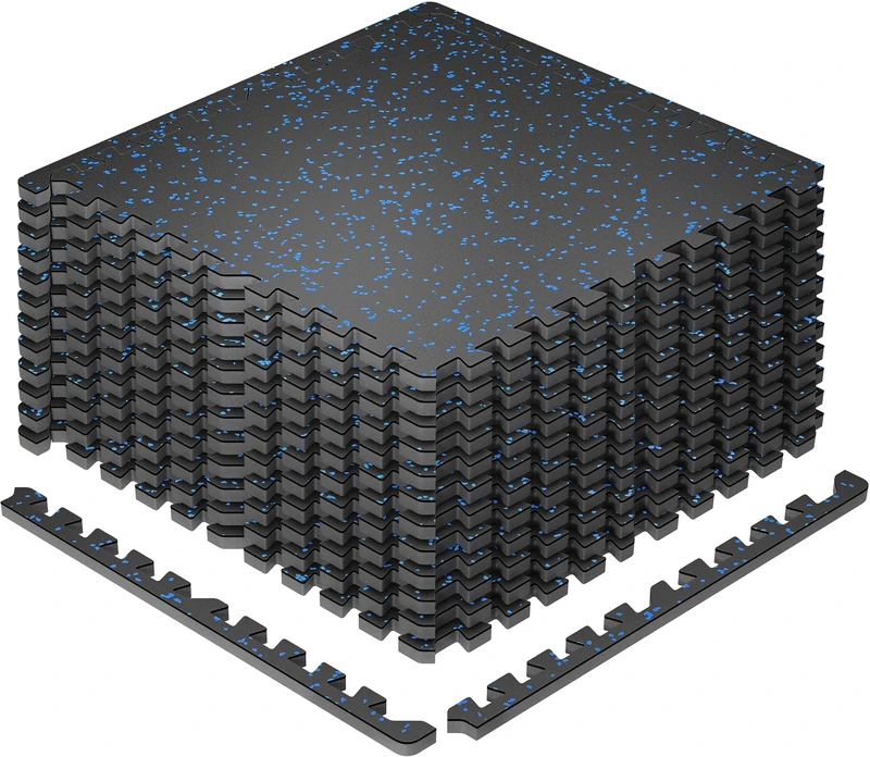 SUPERJARE 0.79'' Extra-Thick Exercise Equipment Mats, 12 Pcs 48 Sq Ft Rubber Top Floor Tiles with High Density EVA Foam, Interlocking Gym Flooring for Home Gym, Workout Mat, Black/Blue
