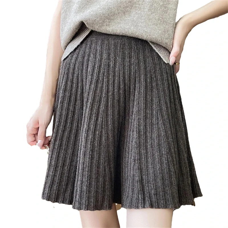 Hgvcfcv Womens Wool Knitted Skirt Pleated Short Skirt Mini Pencil Bodycon Skirt Dark Brown