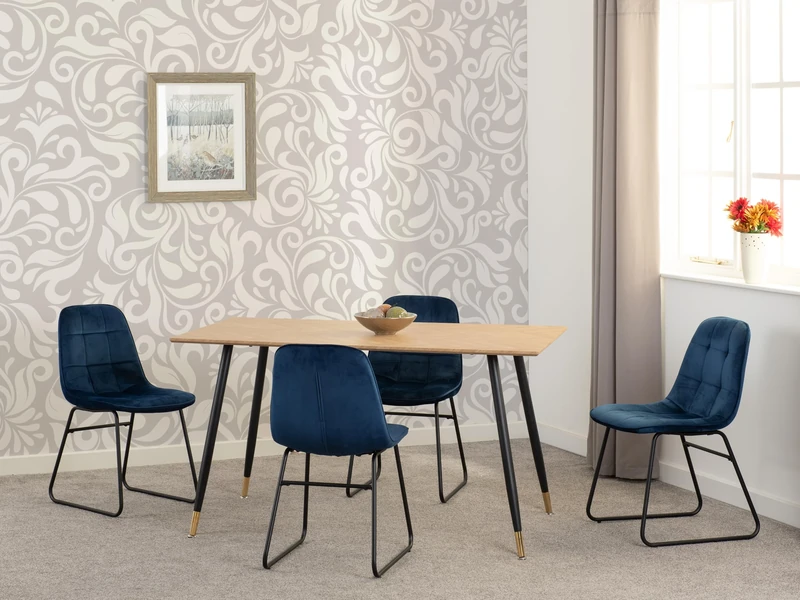 Seconique Hamilton Medium Dining Set with Lukas Chairs in Medium Oak Effect/Black/Sapphire Blue Velvet
