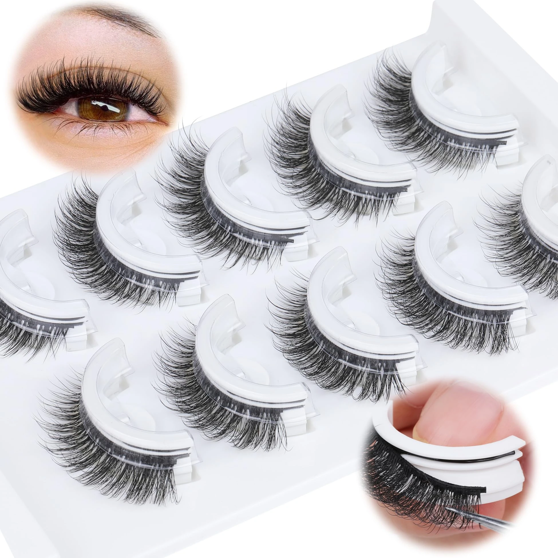 ALICROWN HAIR Self Adhesive Eyelashes Natural No Glue Needed Cat Eye False Eyelashes Wispy 3D Fluffy Fake Eyelashes Short Self Adhesive 5 Pairs Lashes
