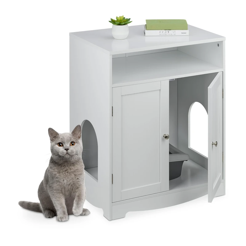 Relaxdays Litter Box Enclosure, Cat Cabinet, 2 Side, Open Shelf, HWD: 73.5 x 60 x 43.5 cm, Ped Den, White, Metal, Fibreboard
