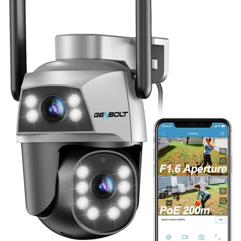 GENBOLT WiFi Security Camera Outdoor with PoE, Dual Lens Home Surveillance IP Camera CCTV with Color Night, Auto Tracking Human Detection Pan Tilt Digital Zoom Spotlight Camera
